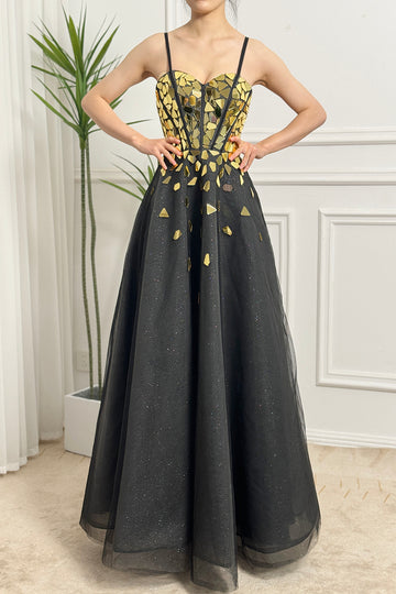 Black Golden A Line Spaghetti Straps Sequins Long Corset Prom Dress With Mirrors